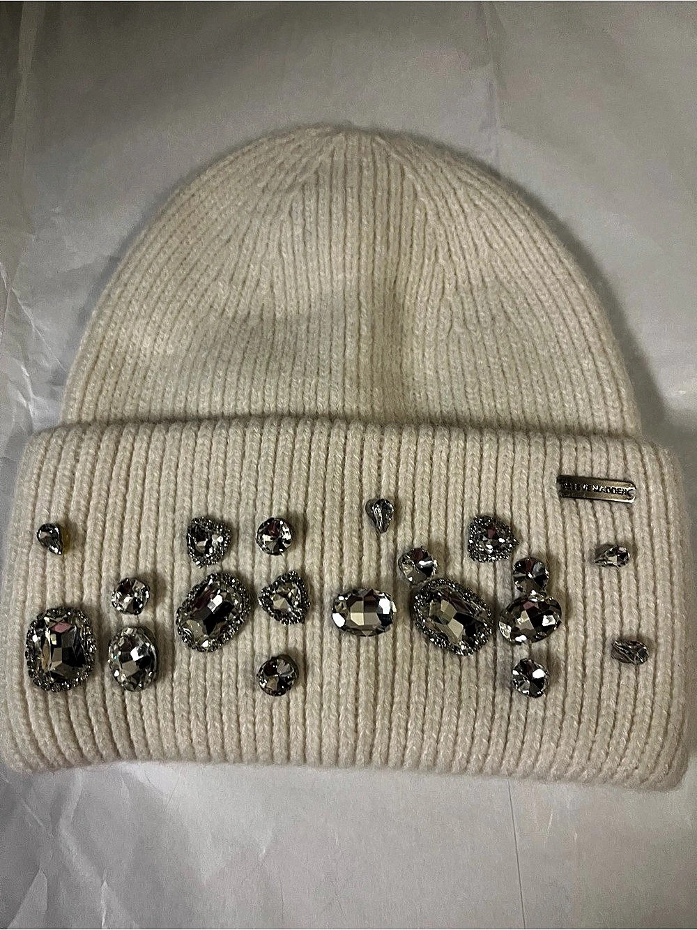 Steve Madden Embellished Rhinestone Beanie Cream